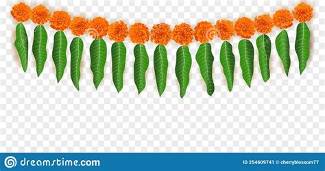 Marigold Flowers Mango Leaves Hanging Decoration Isolated For Hindu
