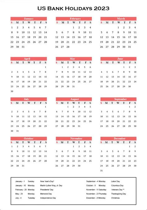 Printable Yearly Calendar With Us Bank Holidays 2023