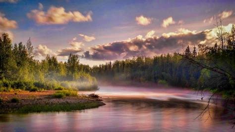 Beautiful Great Peaceful Nature Landscape River Mist Sunset Alaska Long
