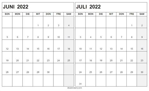 Kostenloser Kalender Juni Juli 2022 Drukbare Kalender 2022 In 2022