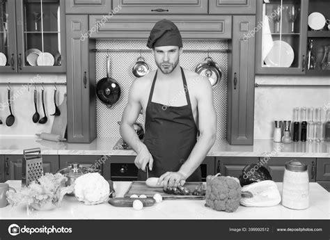 Sexy Macho Wear Cook Uniform Man In Kitchen Good Husband And Housekeeper Cooking Healthy Food