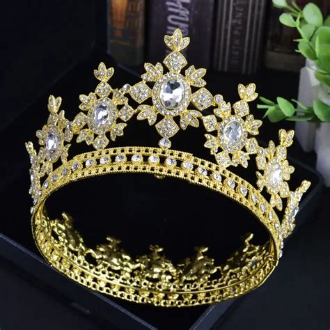 Luxuries Gold Crystal Royal Bridal Tiara Crown Full Round Queen Crown