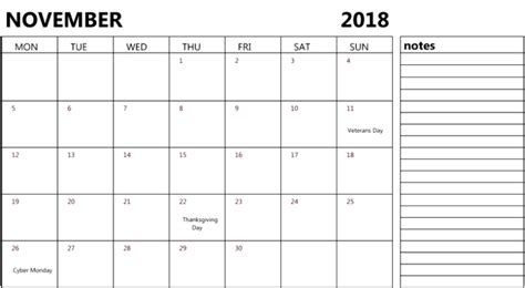 Blank November 2018 Calendar With Notes 2018 Printable Calendar