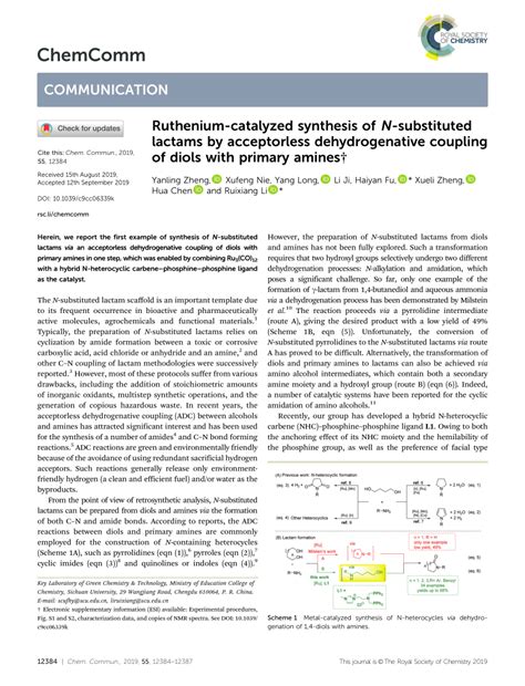 Pdf Ruthenium Catalyzed Synthesis Of N Substituted Lactams By