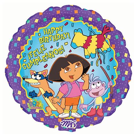 A Purple Foil Balloon With An Image Of Dora And Friends On It