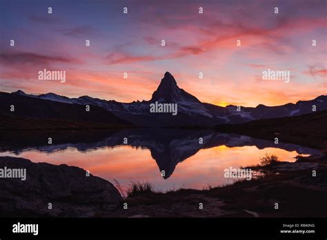 Incredible Colorful Sunset On Stellisee Lake With Matterhorn Cervino