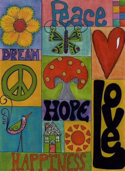 A Painting With Words And Pictures On It That Say Peace Love Hope