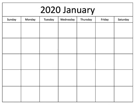 Blank Calendar January 2020 Printable Fillable Template Notes Blank Images