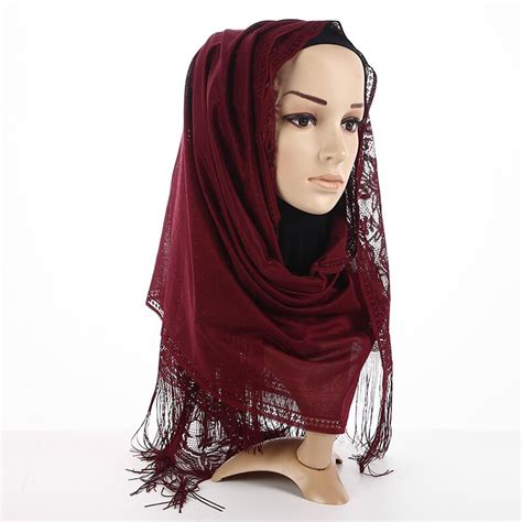 Fashion Muslim Wrap Hijab Scarf Women Hollow Tassels Thin Wraps Islam