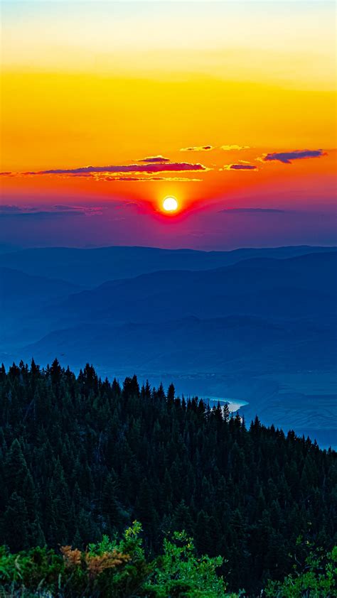 Download Wallpaper 1350x2400 Sun Sunset Trees Mountains Landscape