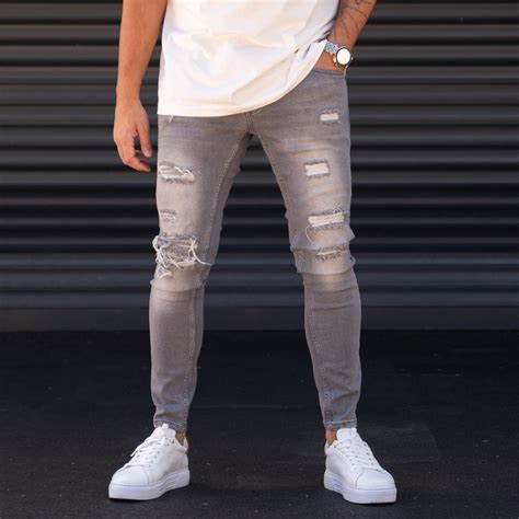 Men S Slim Fit Stone Washed Gray Lycra Ripped Jeans
