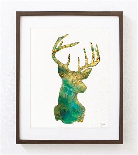 Emerald Green Gold Deer Art Watercolor Painting 8x10 By Elfshoppe