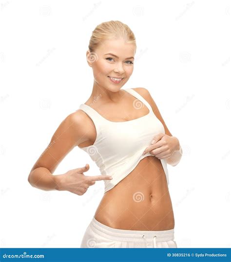 Beautiful Sporty Woman Pointing At Her Abs Stock Photo Image Of