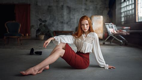 Women Redhead Hips Legs Skirt Freckles On The Floor White Tops Feet Katya Voronina Barefoot