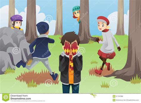 Editable vector cutout illustration of children playing hide and seek. Kids playing hide and seek stock vector. Illustration of ...