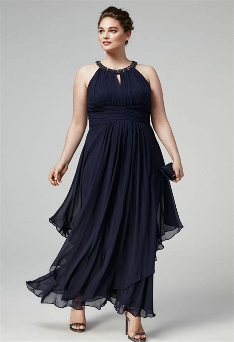 Plus Size Stunning Navy Blue Beaded Prom Dresses Halter Neckline