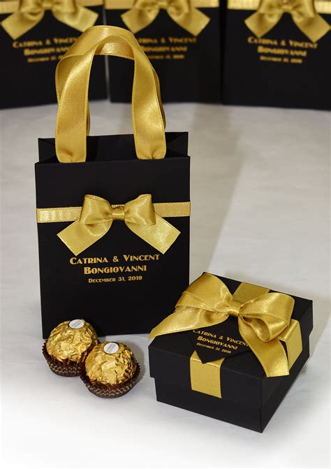 25 Black And Gold Wedding Welcome Bags With Satin Ribbon Handles And Your