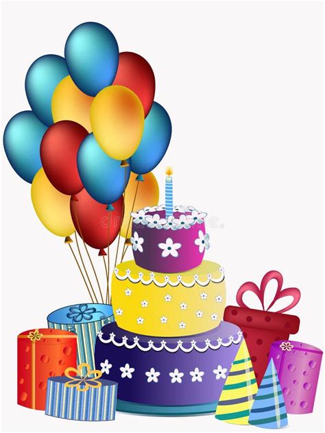 Happy Birthday Cake Balloons And Presents Stock Vector Illustration