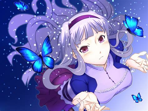 Blue Butterfly Long Hair Ribbons Pink Hair Snow White Anime White Hair Purple Eyes Anime Girls