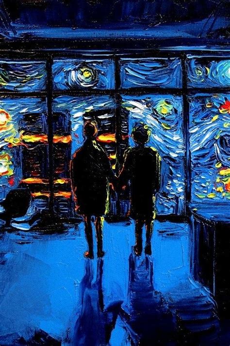 Two People Standing In Front Of A Window With The Starry Night Painting