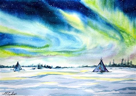 Watercolor Painting Of An Aurora Bore With Tents In The Foreground
