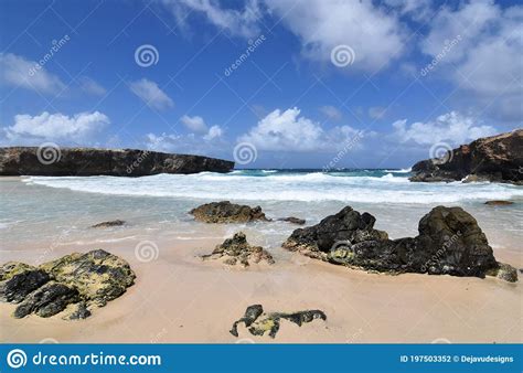 Scenic Seascape With Waves Rolling Ashore Off Of Aruba Stock Photo