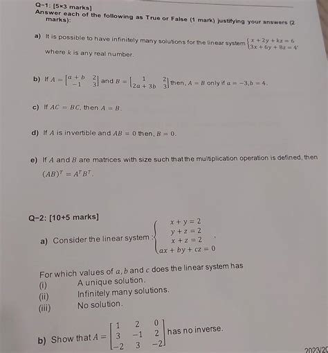 Solved Q 1 5×3 Marks Answer Each Of The Following As True
