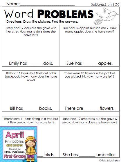 Word problem worksheets for grade 1. First Grade Subtraction Word Problems - Spring Math ...