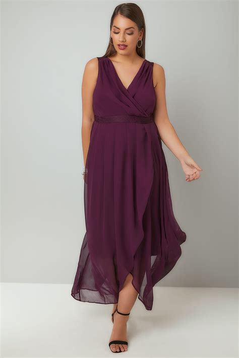 Purple Chiffon Maxi Dress With Wrap Front And Lace Details Plus Size 16