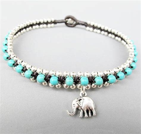 Silver Elephant Charm Ankle Bracelet With Turquoise By Summerwrist