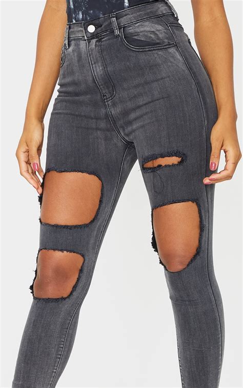 Plt Washed Black Open Thigh Distressed 5 Pocke Prettylittlething