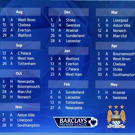 Manchester City 2015 16 Fixture List Mcfc Manchester Manchester