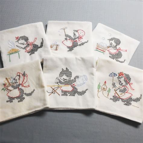 sale 6 vintage 50s kittens hand embroidered flour sack towels cross stitch hand embroidered