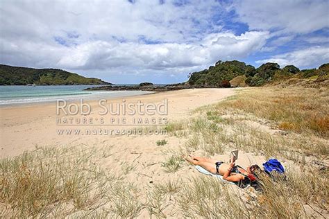 Woman Sunbathing Enjoying The Summer Sun On Maitai Matai Bay Beach Amongst Marram Grass And