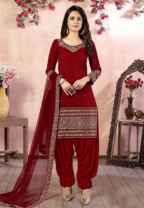 Buy Embroidered Art Silk Punjabi Suit In Red Online Bella Fancy Dresses Us