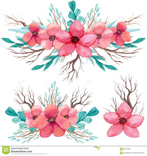 Set Of Watercolor Bouquets With Branches And Pink Flowers Stock