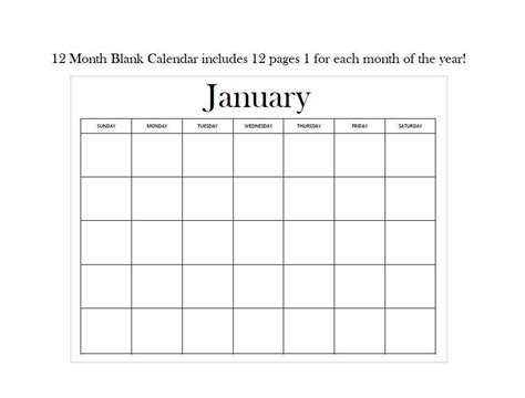 12 Month Blank Calendar Standard Design Digital Download Etsy