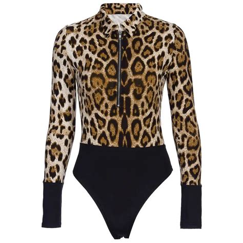 Sexy Women Zipper Bodysuits Long Sleeve Slim Leopard Print Jumpsuits