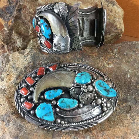 Bear Claw Turquoise Red Coral Silver Navajo Belt Buckle And Watch