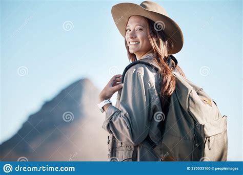 Hiking Woman Portrait And Smile By Mountain Summer Or Explore With