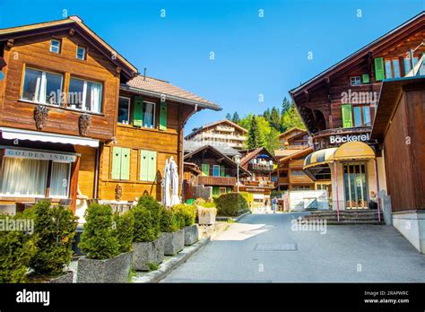 Wooden Chalets In The Small Mountain Village Wengen Switzerland Stock