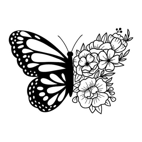Mariposa Floral Flores Y Dibujo De Contorno De Mariposa Vector Premium