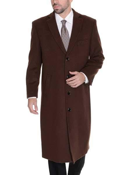 Mens Dark Brown Full Length 4 Button Solid Wool Cashmere Ov