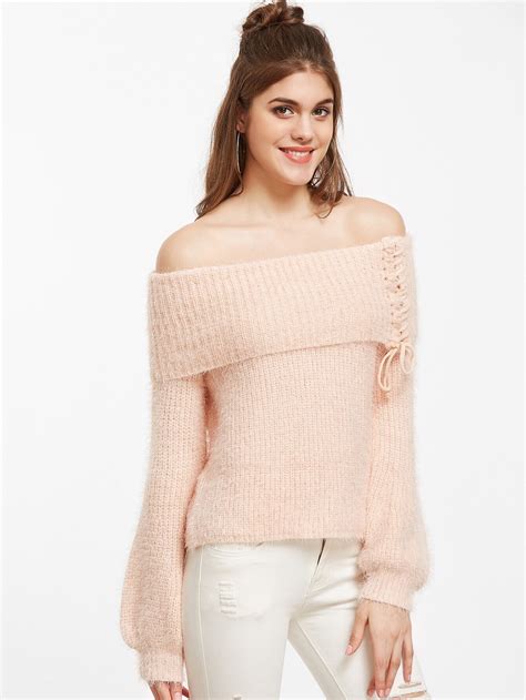 Pink Off The Shoulder Lace Up Foldover Fuzzy Sweater Sheinsheinside