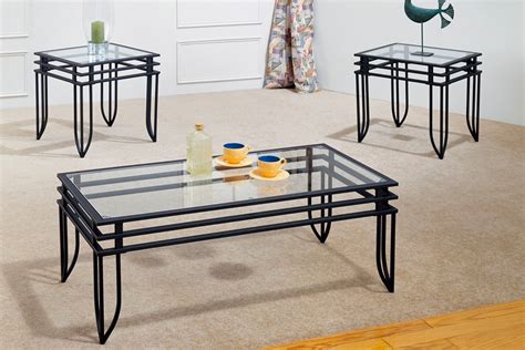 3 Piece Wrought Iron Coffee Table With Glass Top Rectangular Matching End Tables Black