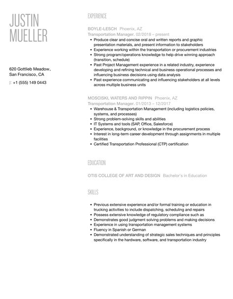 Transportation Manager Resume Samples Velvet Jobs