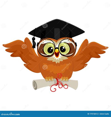 Owl Wearing Graduation Cap And Holding Diploma While Flying Stock