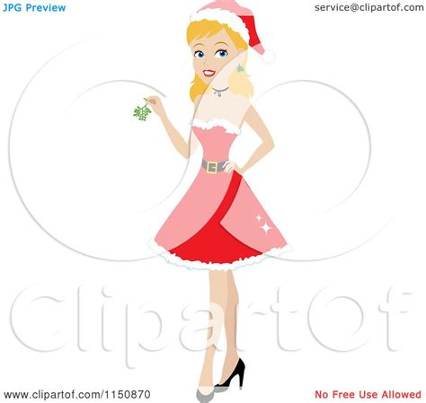 Cartoon Of A Blond Christmas Woman Wearing A Santa Dress And Holding Mistletoe Royalty Free
