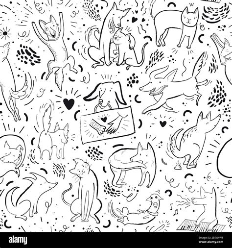Seamless Vector Pattern With Contour Cats And Dogs In Different Poses
