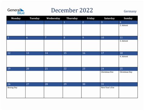 December 2022 Germany Monthly Calendar With Holidays